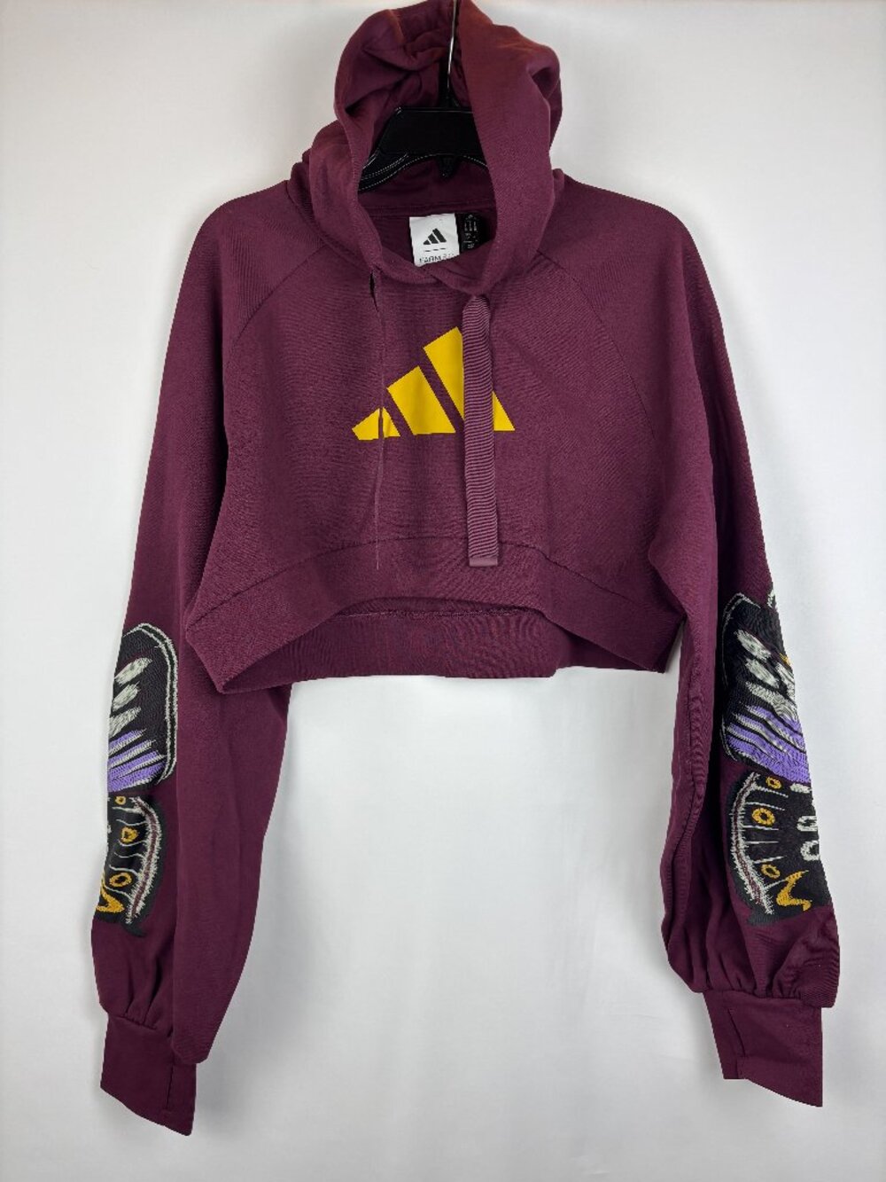 Large Adidas x Farm Rio Maroon Yellow Colorfly Cropped Hoodie Long Sleeve NWOT